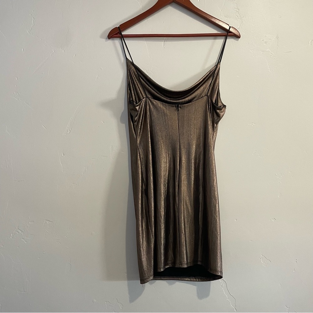 Blanc Mini Dress Metallic Spaghetti Strap Sparkly M Coffee Brown Medium club - Picture 4 of 8